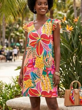 SHEIN Pink Multi-Color Tropical Floral Shift Dress